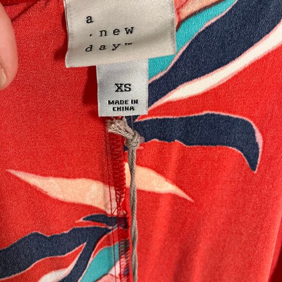 A‎ New Day Red Floral Wrap Midi Dress XS Blue Pink Tie Waist Short Sleeve New - Picture 13 of 16